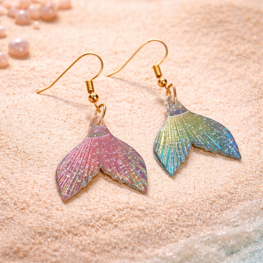 Mermaid Tail Dangle Women's Earrings Iridescent Beachy Ocean Jewelry‎